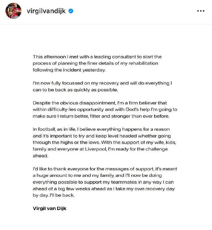 利物浦官方宣布范戴克膝部韧带受伤 将接受手术